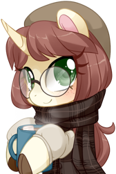 Size: 1000x1492 | Tagged: safe, artist:loyaldis, oc, oc only, oc:céline actias, pony, unicorn, beanie, blushing, chocolate, clothes, commission, cup, digital art, female, food, freckles, gift art, glasses, hat, horn, hot chocolate, mare, round glasses, scarf, simple background, solo, transparent background, unicorn oc, ych result