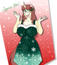 Size: 3400x3900 | Tagged: safe, artist:hasana-chan, oc, oc only, oc:céline actias, unicorn, anthro, unguligrade anthro, anthro oc, big breasts, breasts, christmas, clothes, commission, curved horn, dialogue, digital art, dress, female, freckles, french, glasses, hearth's warming, high res, holiday, horn, mistletoe, round glasses, solo, unicorn oc