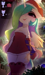 Size: 1555x2592 | Tagged: safe, artist:magnaluna, princess celestia, alicorn, semi-anthro, chest fluff, choker, christmas, clothes, dress, female, floppy ears, hair over one eye, hat, holiday, present, santa hat, solo, stockings, thigh highs