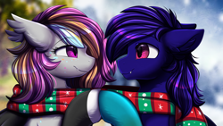 Size: 2920x1642 | Tagged: safe, artist:pridark, oc, oc only, bat pony, pony, bat pony oc, bust, christmas, clothes, commission, cute, cute little fangs, duo, fangs, high res, holiday, looking at each other, looking at someone, portrait, scarf, snow
