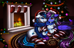 Size: 3246x2133 | Tagged: safe, artist:pridark, oc, oc only, oc:lishka, oc:solar gizmo, pegasus, pony, unicorn, blushing, butt, christmas, christmas decoration, christmas gift, christmas ornament, christmas stocking, christmas tree, clothes, commission, cutie mark, decoration, eyes closed, family, female, filly, fire, fireplace, foal, hat, high res, holiday, horn, looking at each other, looking at someone, open mouth, open smile, parents:oc x oc, pegasus oc, plot, rug, santa hat, scarf, smiling, socks, stockings, striped socks, tail, thigh highs, tree, two toned mane, two toned tail, unicorn oc, wall of tags