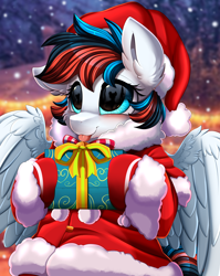 Size: 2550x3209 | Tagged: safe, artist:pridark, part of a set, oc, oc only, oc:retro city, pony, blushing, christmas, clothes, commission, costume, cute, hat, high res, holiday, ocbetes, part of a series, present, santa costume, santa hat, snow, snowfall, solo, ych result