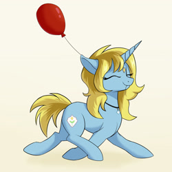 Size: 2480x2480 | Tagged: safe, artist:qwq2233, oc, oc only, pony, unicorn, balloon, cute, female, happy, high res, horn, jewelry, mare, mouth hold, necklace, ocbetes, smiling, solo, unicorn oc, walking