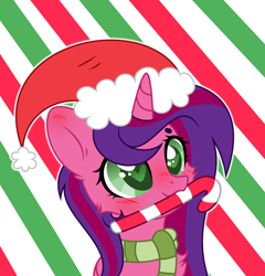 Size: 3465x3613 | Tagged: safe, artist:darbypop1, artist:mint-light, oc, oc:alyssa rice, alicorn, pony, base used, bust, candy, candy cane, cheek fluff, chest fluff, christmas, clothes, female, food, hat, heart eyes, high res, holiday, mare, mouth hold, santa hat, scarf, solo, striped scarf, wingding eyes