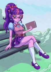 Size: 2480x3508 | Tagged: safe, artist:beza, sci-twi, twilight sparkle, equestria girls, g4, spoiler:eqg specials, bench, book, bow, crossed legs, cute, female, glasses, high res, looking at you, schrödinger's pantsu, sci-twi outfits, sci-twiabetes, sitting, smiling, solo, twiabetes