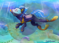 Size: 1024x745 | Tagged: safe, artist:midnightpremiere, oc, oc only, oc:flying fish, fish, pegasus, pony, blue mane, blue tail, bubble, crepuscular rays, diving, flippers (gear), looking up, ocean, scuba gear, seaweed, signature, solo, subnautica, sunlight, swimming, tail, underwater, water, wetsuit