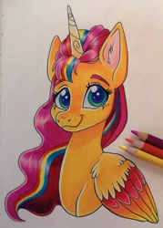 Size: 735x1024 | Tagged: safe, artist:art_alanis, sunny starscout, alicorn, pony, g5, my little pony: a new generation, ear fluff, female, mane stripe sunny, mare, race swap, simple background, solo, sunnycorn, traditional art, white background