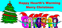 Size: 2676x1224 | Tagged: safe, artist:samueljcollins1990, applejack, fluttershy, pinkie pie, rainbow dash, rarity, sci-twi, sunset shimmer, twilight sparkle, equestria girls, g4, christmas, christmas tree, equestria girls-ified, hat, hearth's warming, holiday, humane five, humane seven, humane six, merry christmas, quality, santa hat, tree
