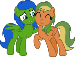 Size: 6516x5000 | Tagged: safe, artist:melisareb, oc, oc only, oc:checkpoint, oc:naviga, pegasus, pony, 2022 community collab, derpibooru community collaboration, .svg available, :t, ^^, absurd resolution, blue mane, blue tail, duo, duo female, eyes closed, female, folded wings, grin, hug, looking at someone, mare, mother and child, mother and daughter, partially open wings, pegasus oc, raised hoof, show accurate, simple background, smiling, standing, tail, teal eyes, transparent background, two toned mane, two toned tail, vector, wings