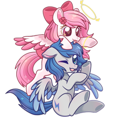 Size: 1000x1000 | Tagged: safe, artist:艾梦, oc, oc only, oc:bubble cloud, oc:zephyrpony, pegasus, pony, 2022 community collab, derpibooru community collaboration, bow, couple, halo, heart, heart eyes, simple background, tongue out, transparent background, wingding eyes, wings