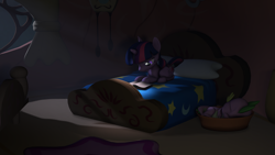 Size: 1920x1080 | Tagged: safe, artist:litterpaws, derpibooru exclusive, spike, twilight sparkle, alicorn, pony, g4, 3d, bed, bedroom, golden oaks library, night, reading, sleeping, source filmmaker, twilight sparkle (alicorn)