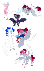 Size: 1512x2443 | Tagged: safe, artist:mewzynn, oc, oc only, oc:coral sea, oc:midway, oc:polaria, oc:red galea, bat pony, pegasus, pony, unicorn, colored wings, female, lying down, male, mare, prone, simple background, sleeping, stallion, two toned wings, white background, wings
