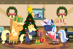 Size: 6000x4000 | Tagged: safe, artist:estories, artist:steampunk-brony, artist:steamy-the-brony, applejack, oc, oc:ellison, oc:silverlay, pony, g4, absurd resolution, canon x oc, christmas, christmas tree, cookie, cute, female, food, holiday, lesbian, magical lesbian spawn, ocbetes, offspring, parent:applejack, parent:oc:silverlay, parents:canon x oc, parents:silverjack, pointy ponies, present, shipping, silvabetes, silverjack, that pony sure does love cakes, that pony sure does love cookies, that pony sure does love eating, tree