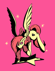 Size: 3830x4971 | Tagged: safe, artist:coco-drillo, oc, oc:twizzle peas, pegasus, pony, clothes, comics, ear fluff, landing, leaping, simple background, solo, spread wings, star-lord, starry eyes, stars, wingding eyes, wings