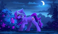Size: 8000x4651 | Tagged: safe, artist:airiniblock, oc, oc only, pony, unicorn, absurd resolution, chest fluff, crescent moon, detailed background, flower, moon, scenery, smiling, solo