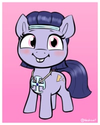 Size: 1120x1402 | Tagged: safe, artist:heretichesh, oc, oc only, oc:crummydew, earth pony, pony, blushing, bucktooth, female, filly, foal, gradient background, looking at you, smiling, smiling at you, solo