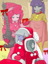 Size: 1668x2224 | Tagged: safe, artist:batipin, limestone pie, marble pie, maud pie, pinkie pie, equestria girls, g4, animal costume, bass guitar, christmas, clothes, costume, equestria girls-ified, eyes closed, female, gloves, hair over one eye, hat, holiday, musical instrument, pie sisters, reindeer costume, santa costume, santa hat, santa sack, siblings, sisters, sleeping