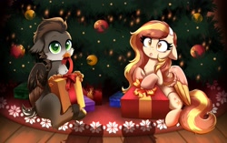 Size: 3432x2160 | Tagged: safe, artist:confetticakez, oc, oc only, hippogriff, pegasus, pony, christmas, christmas tree, floppy ears, heart, heart eyes, high res, holiday, looking at you, mouth hold, present, ribbon, tree, wide eyes, wingding eyes