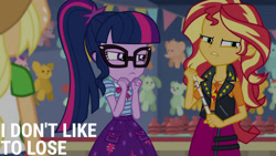 Size: 1280x720 | Tagged: safe, edit, edited screencap, editor:quoterific, screencap, applejack, sci-twi, sunset shimmer, twilight sparkle, equestria girls, equestria girls specials, g4, my little pony equestria girls: better together, my little pony equestria girls: rollercoaster of friendship, applejack's hat, belt, bowtie, clothes, cowboy hat, cutie mark on clothes, denim skirt, female, geode of empathy, glasses, hat, jacket, jewelry, leather, leather jacket, magical geodes, necklace, ponytail, skirt