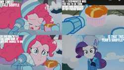 Size: 1280x720 | Tagged: safe, edit, edited screencap, editor:quoterific, screencap, pinkie pie, rarity, equestria girls, equestria girls series, g4, holidays unwrapped, saving pinkie's pie, spoiler:eqg series (season 2), crying, eyes closed, female, food, open mouth, snow, souffle