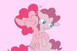 Size: 3000x2000 | Tagged: safe, artist:anonymous, mean pinkie pie, pinkie pie, earth pony, pony, g4, the mean 6, clone, cute, drawthread, duo, eyes closed, floating heart, heart, high res, hug, pink background, requested art, simple background, unamused