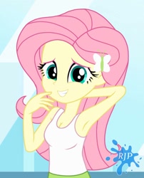 Size: 850x1050 | Tagged: safe, artist:rjp.rammy, fluttershy, equestria girls, g4, arm behind head, armpits, bare shoulders, breasts, busty fluttershy, butterfly hairpin, cleavage, clothes, cute, female, grin, hairpin, shyabetes, skirt, sleeveless, smiling, solo, tank top