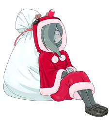 Size: 1614x1765 | Tagged: safe, artist:batipin, part of a set, marble pie, equestria girls, g4, christmas, clothes, costume, equestria girls-ified, eyes closed, female, hair over one eye, holiday, santa costume, santa sack, shoes, sleeping, solo