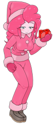 Size: 1047x2441 | Tagged: safe, artist:batipin, part of a set, pinkie pie, equestria girls, breasts, christmas, clothes, costume, gift wrapped, gloves, hat, holiday, santa costume, santa hat, shoes, simple background, solo, transparent background