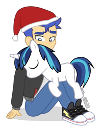 Size: 960x1200 | Tagged: safe, artist:dm29, flash sentry, shining armor, pony, unicorn, equestria girls, g4, blank flank, christmas, colt, colt shining armor, duo, eyes closed, foal, hat, holiday, male, santa hat, shoes, simple background, sitting, sneakers, transparent background, younger