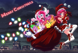 Size: 5082x3500 | Tagged: safe, alternate version, artist:mauroz, apple bloom, pinkie pie, rarity, scootaloo, spike, sweetie belle, dragon, earth pony, human, pegasus, pony, unicorn, g4, absurd resolution, anime, bag, bare shoulders, breasts, christmas, clothes, costume, cutie mark crusaders, female, hat, heart eyes, high heels, holiday, human ponidox, humanized, implied shipping, implied sparity, implied straight, male, mare, plushie, sack, santa claus, santa costume, santa hat, self paradox, self ponidox, shoes, sleeveless, snow, socks, stockings, thigh highs, wingding eyes