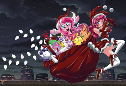 Size: 5082x3500 | Tagged: safe, artist:mauroz, apple bloom, pinkie pie, rarity, scootaloo, spike, sweetie belle, dragon, earth pony, human, pegasus, pony, unicorn, g4, absurd resolution, anime, bag, bare shoulders, breasts, christmas, clothes, costume, cutie mark crusaders, female, hat, heart eyes, high heels, holiday, human ponidox, humanized, implied shipping, implied sparity, implied straight, male, mare, plushie, sack, santa claus, santa costume, santa hat, self paradox, self ponidox, shoes, sleeveless, snow, socks, stockings, thigh highs, wingding eyes