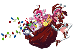 Size: 5082x3500 | Tagged: safe, artist:mauroz, apple bloom, pinkie pie, rarity, scootaloo, spike, sweetie belle, dragon, earth pony, human, pegasus, pony, unicorn, g4, absurd resolution, anime, bag, breasts, christmas, clothes, costume, cutie mark crusaders, female, hat, heart eyes, high heels, holiday, human ponidox, humanized, implied shipping, implied sparity, implied straight, male, mare, plushie, sack, santa claus, santa costume, santa hat, self paradox, self ponidox, shoes, simple background, snow, socks, stockings, thigh highs, transparent background, wingding eyes