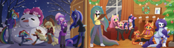 Size: 3840x1080 | Tagged: safe, artist:howxu, applejack, fluttershy, pinkie pie, princess celestia, princess luna, rainbow dash, rarity, starlight glimmer, sunset shimmer, twilight sparkle, anthro, g4, christmas, christmas lights, christmas tree, clothes, commission, door, duality, eyes closed, fireplace, holiday, mane six, open mouth, royal sisters, siblings, sisters, snowman, stocking feet, stockings, thigh highs, tree, younger