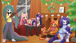 Size: 1920x1080 | Tagged: safe, alternate version, artist:howxu, fluttershy, princess celestia, rarity, sunset shimmer, twilight sparkle, human, equestria girls, g4, card, chibi, child, christmas, christmas lights, christmas tree, clothes, commission, door, duality, eyes closed, head pat, holiday, open mouth, pantyhose, pat, playing, ponied up, self paradox, snow, stocking feet, stockings, sweater, sweatershy, tree, younger