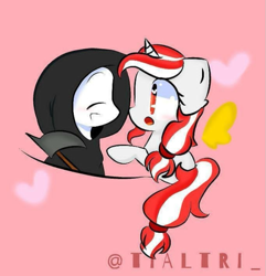 Size: 719x745 | Tagged: safe, oc, oc:martin, oc:sinar bulan indonesia, alicorn, earth pony, pony, blushing, cute, daaaaaaaaaaaw, female, grim reaper, hair tie, heart, indonesia, looking at each other, looking at someone, male, mare, scythe, signature, stallion