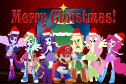 Size: 3000x2000 | Tagged: safe, artist:sugar-loop, artist:user15432, applejack, fluttershy, pinkie pie, rainbow dash, rarity, twilight sparkle, alicorn, human, equestria girls, g4, bowing, christmas, christmas gift, christmas lights, christmas presents, christmas star, christmas tree, cowboy hat, crossed arms, crossover, female, hand on hip, hat, high res, holiday, humane five, humane six, looking at you, male, maridash, mario, mariopie, marioshy, merry christmas, night, pegasus wings, ponied up, present, santa hat, straight, super mario bros., tree, twilight sparkle (alicorn), window, wings
