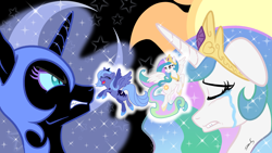 Size: 3840x2160 | Tagged: safe, artist:memprices, nightmare moon, princess celestia, princess luna, alicorn, pony, g4, female, filly, filly luna, high res, princess, royal sisters, siblings, sisters, vector, wallpaper, young celestia, younger