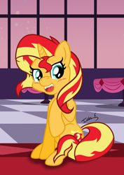 Size: 2481x3508 | Tagged: safe, artist:memprices, sunset shimmer, pony, unicorn, female, high res, looking at you, open mouth, open smile, sitting, smiling, vector