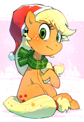 Size: 2220x3200 | Tagged: dead source, safe, artist:fuyugi, applejack, earth pony, pony, g4, christmas, cute, hat, high res, holiday, jackabetes, looking at you, santa hat, solo