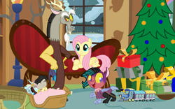 Size: 900x563 | Tagged: safe, artist:meadowlarkr, discord, fluttershy, oc, oc:apollo, oc:meadow, draconequus, hybrid, pegasus, pony, g4, base used, christmas, christmas tree, doll, female, filly, foal, hand on hip, holiday, present, snow, toy, train, tree, vector