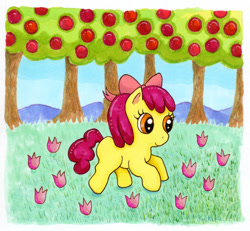 Size: 900x830 | Tagged: safe, artist:kaikaku, apple bloom, earth pony, pony, g4, apple, apple tree, female, filly, flower, foal, grass, solo, tree