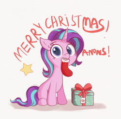 Size: 1826x1799 | Tagged: safe, artist:kqaii, starlight glimmer, pony, unicorn, christmas, christmas stocking, cute, glimmerbetes, heart, holiday, implied anon, looking at you, merry christmas, misleading thumbnail, mouth hold, photo, present, solo, stars, text
