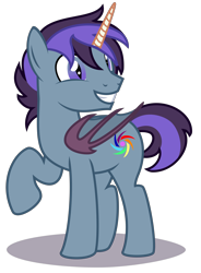 Size: 2680x3650 | Tagged: safe, artist:strategypony, oc, oc only, oc:patagium, alicorn, bat pony, bat pony alicorn, pony, alicorn oc, bat pony oc, bat wings, folded wings, full body, grin, high res, horn, male, raised hoof, request, shadow, show accurate, simple background, slit pupils, smiling, solo, stallion, standing, tail, transparent background, two toned mane, two toned tail, wings