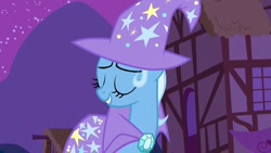 Size: 1280x720 | Tagged: safe, screencap, trixie, pony, unicorn, boast busters, g4, season 1, cape, clothes, eyes closed, female, grin, hat, house, mare, night, outdoors, smiling, solo, trixie's cape, trixie's hat