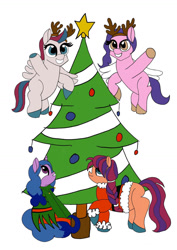 Size: 1024x1449 | Tagged: safe, artist:thepegasuseffect, izzy moonbow, pipp petals, sunny starscout, zipp storm, earth pony, pony, unicorn, g5, christmas, christmas tree, holiday, simple background, tree, white background
