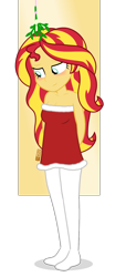 Size: 600x1320 | Tagged: safe, artist:dm29, sunset shimmer, equestria girls, g4, bare shoulders, christmas, clothes, dress, holiday, mistletoe, simple background, sleeveless, socks, solo, stocking feet, stockings, strapless, thigh highs, transparent background