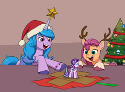 Size: 1500x1100 | Tagged: safe, artist:mew-me, izzy moonbow, starlight glimmer, sunny starscout, earth pony, pony, unicorn, g5, my little pony: a new generation, antlers, christmas, christmas star, christmas tree, cute, duo, excited, female, figurine, happy, hat, holiday, izzy impaling things, izzybetes, mare, open mouth, open smile, santa hat, smiling, sunnybetes, tree