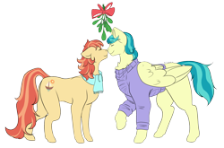 Size: 2166x1428 | Tagged: safe, artist:antoszowa, aunt holiday, auntie lofty, earth pony, pegasus, pony, g4, canon couple, christmas, closed eye, clothes, female, holiday, kissing, lesbian, love, married couple, mistletoe, simple background, transparent background, two toned mane