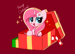 Size: 6800x4900 | Tagged: safe, artist:kittyrosie, oc, oc only, oc:rosa flame, pony, unicorn, box, candy, candy cane, christmas, cute, flower, flower in hair, food, holiday, merry christmas, ocbetes, open mouth, pony in a box, present, red background, simple background, solo