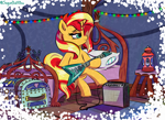 Size: 4000x2900 | Tagged: safe, artist:sugardotxtra, sunset shimmer, pony, unicorn, bedroom, christmas, christmas lights, electric guitar, female, guitar, guitar amp, holiday, mare, musical instrument